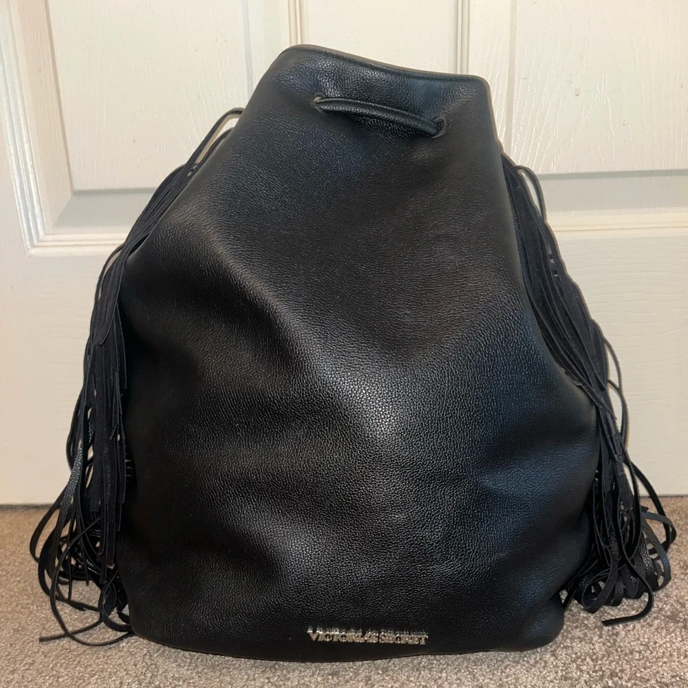 Victoria's Secret Black Faux Leather Fringe Hobo Women's Backpack